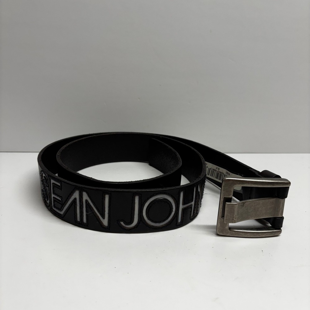 Sean John Mens Y2K Black Leather Logo Belt Silver Buckle Size 40 62081